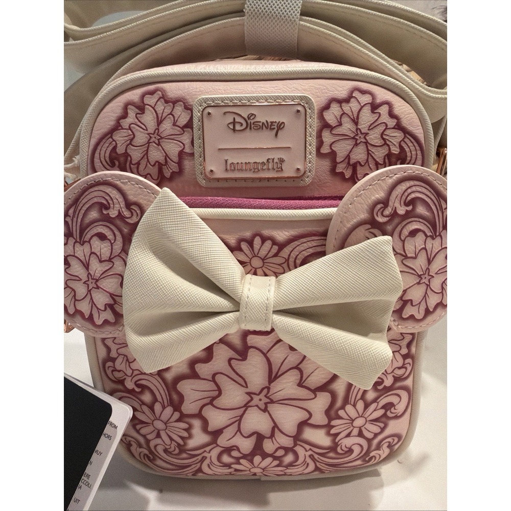 NEW Loungefly Disney Minnie Mouse Embossed Floral Ears Pink Crossbody Bag Purse - Picture 2 of 9
